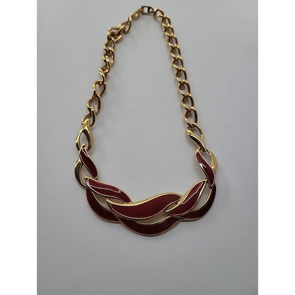 Vintage Napier Gold Tone Red Enamel Chunky Link Statement Necklace Jewelry - Picture 9 of 15